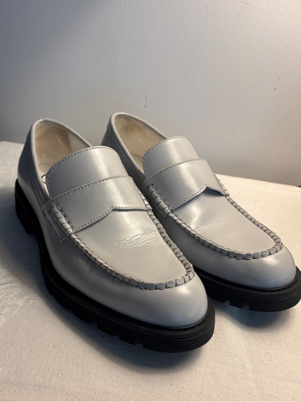 Calvin Klein Light Gray Blue Leather Penny Loafers with Black Lug Sole